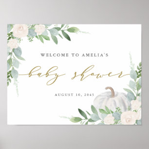 Watercolor White Pumpkin Fall Baby Shower Welcome Poster