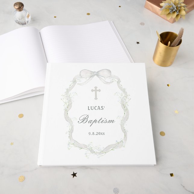 Watercolor White Ribbon Baby's Breath Baptism Guest Book (Front Open)