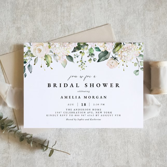 Watercolor White Rose and Hydrangea Bridal Shower Invitation (Creator Uploaded)