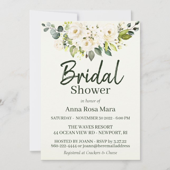 *~* Watercolor White Rose Bridal Shower Lavender Invitation (Front)
