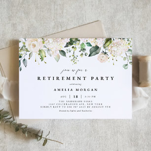 Watercolor White Rose & Hydrangea Retirement Party Invitation