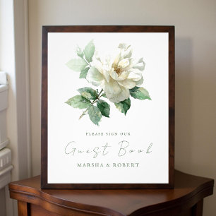 Watercolor White Rose Wedding Guest Book Sign