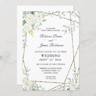 Watercolor White Roses and Greenery Wedding Invitation