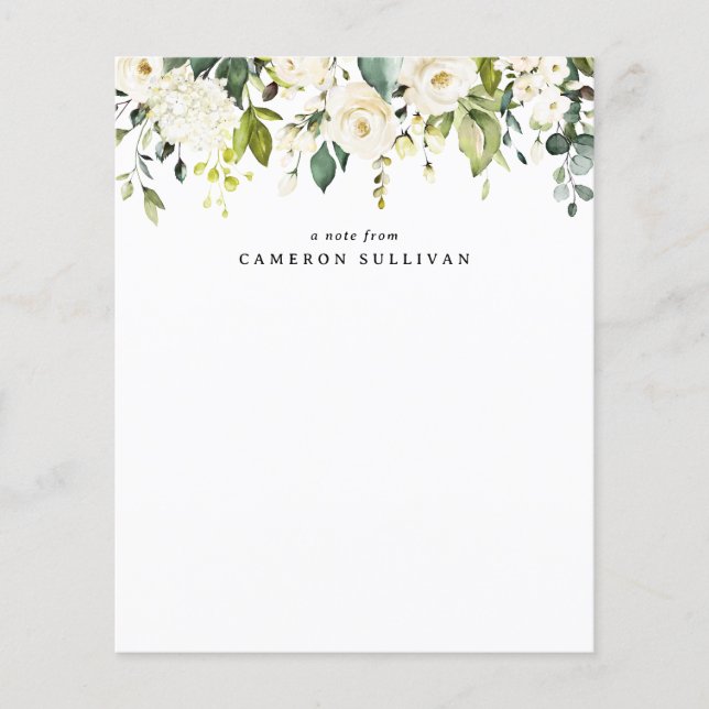 Watercolor White Roses and Hydrangeas Stationery (Front)