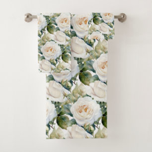 Watercolor White Roses  Bath Towel Set