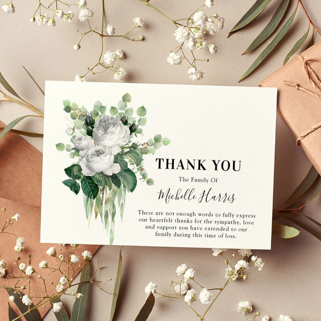 Watercolor White Roses & Eucalyptus Symapthy Thank You Card (Creator Uploaded)