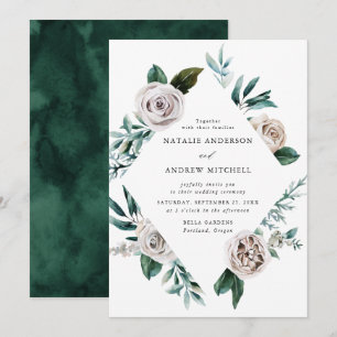 Watercolor White Roses Floral Frame Wedding Invitation