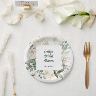Watercolor White Roses Flower Panel Bridal Shower Paper Plate