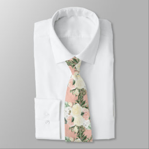 Watercolor White Roses Flowers On Pink Stripe Tie