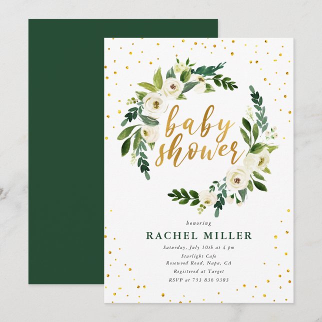Watercolor White Roses Greenery Gold Baby Shower Invitation (Front/Back)