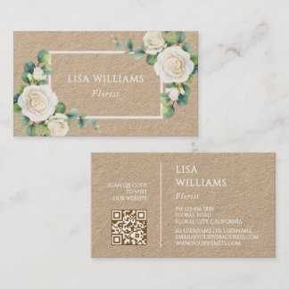 Watercolor White Roses Greenery Rustic Business Card