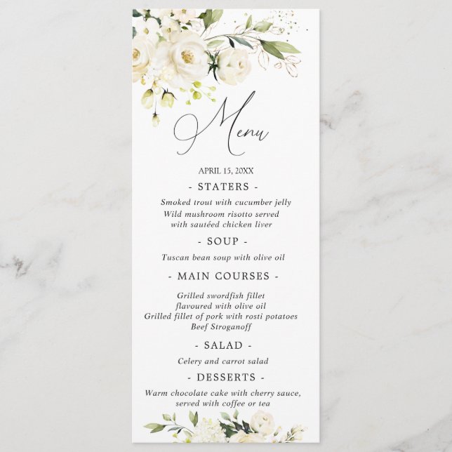 Watercolor White Roses  Greenery Wedding Menu (Front)