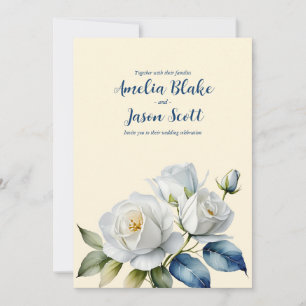 Watercolor White Roses on Clean Cream Wedding Invitation