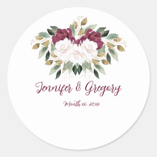 Watercolor White Roses Wedding Cranberry Flowers Classic Round Sticker (Front)