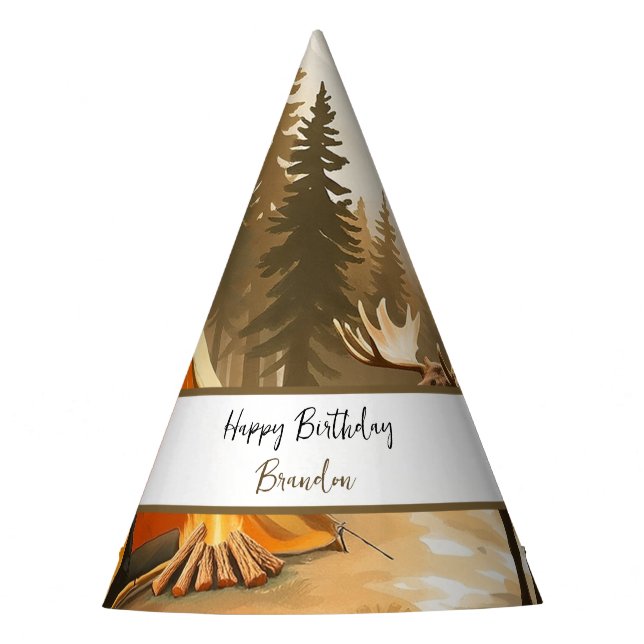 Watercolor White Rustic Woodland Camping Birthday Party Hat (Front)
