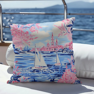 Watercolor White Sailboats Blue Waters Pink Floral Cushion