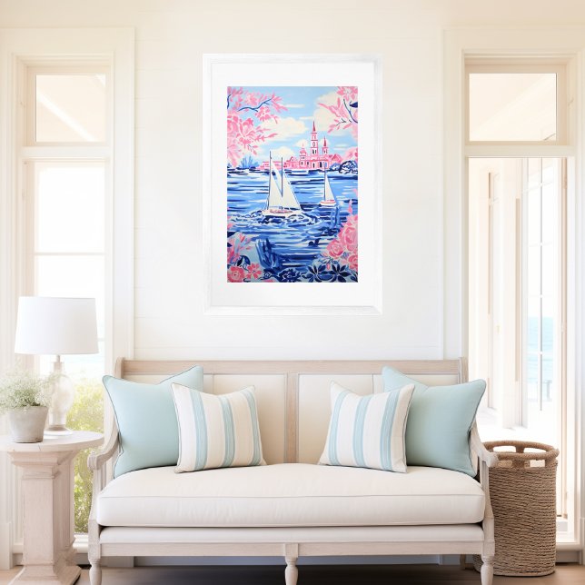 Watercolor White Sailboats Blue Waters Pink Floral Poster (Creator Uploaded)