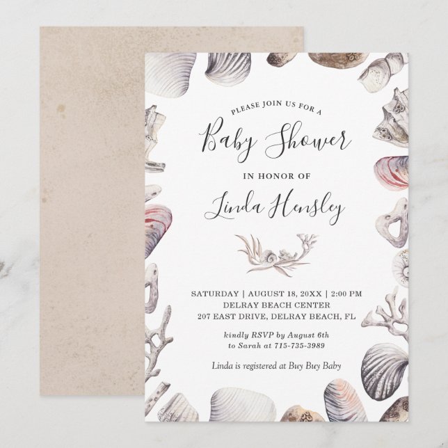 Watercolor White Sea Shell Beach Baby Shower Invitation (Front/Back)