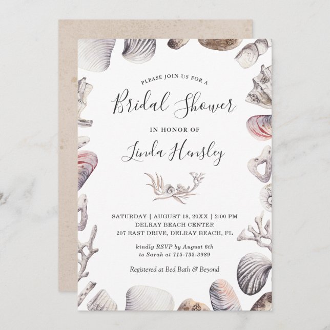 Watercolor White Sea Shell Beach Bridal Shower Invitation (Front/Back)