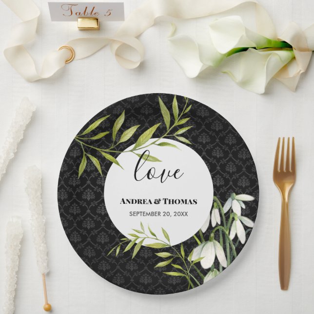 Watercolor White Snowdrops and Laurel Damask Paper Plate (Wedding)