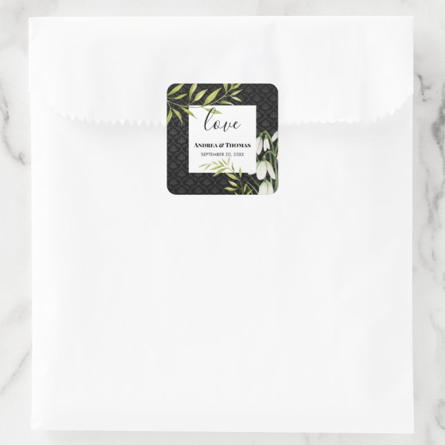 Watercolor White Snowdrops and Laurel Damask Square Sticker (Bag)