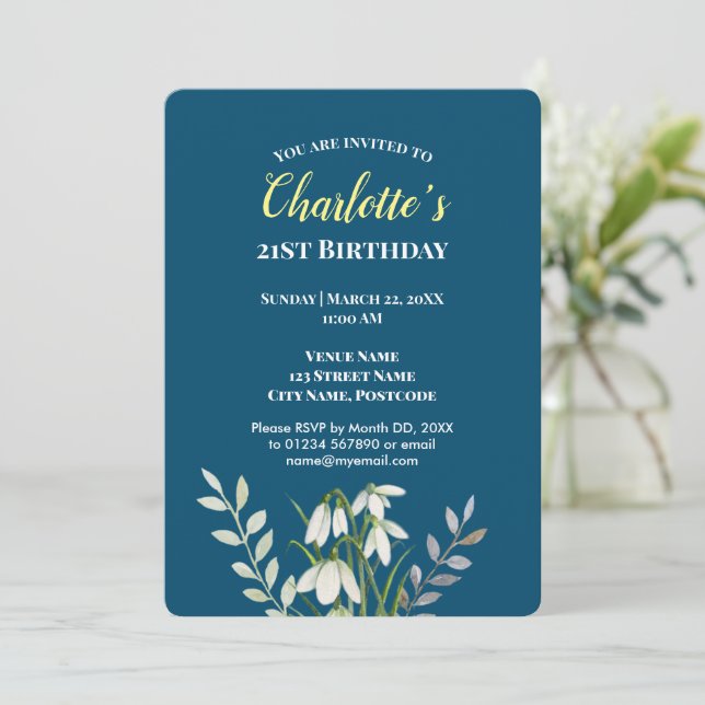 Watercolor White Snowdrops Illustration Birthday I Invitation (Standing Front)