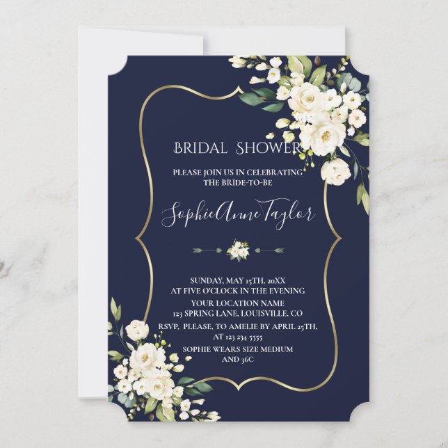 Watercolor White White Floral Gold Bridal Shower Invitation (Front)