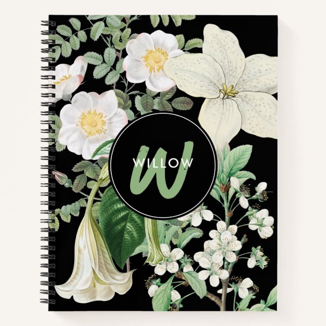 Watercolor White Wildflowers Sage Green Monogram  Notebook (Front)