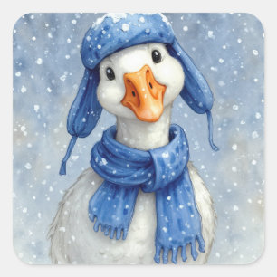 Watercolor White Winter Goose With Blue Scarf Square Sticker
