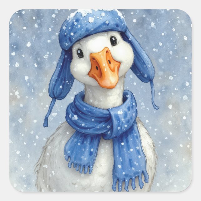 Watercolor White Winter Goose With Blue Scarf Square Sticker (Front)