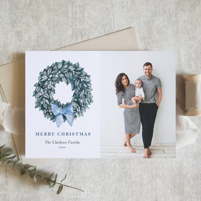 Watercolor White Winterbery Wreath Christmas Photo Holiday Card (Creator Uploaded)