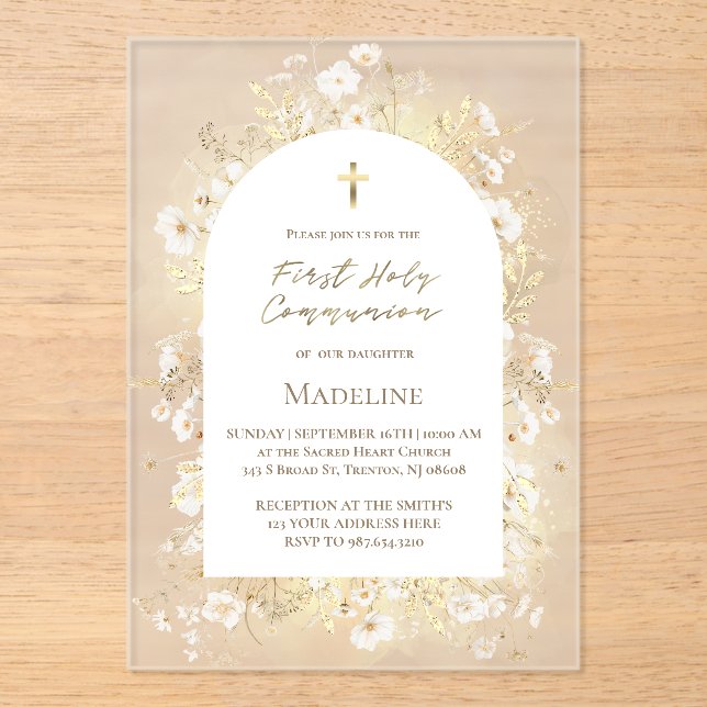 watercolor white yellow flowers First Communion Acrylic Invitations (Front)