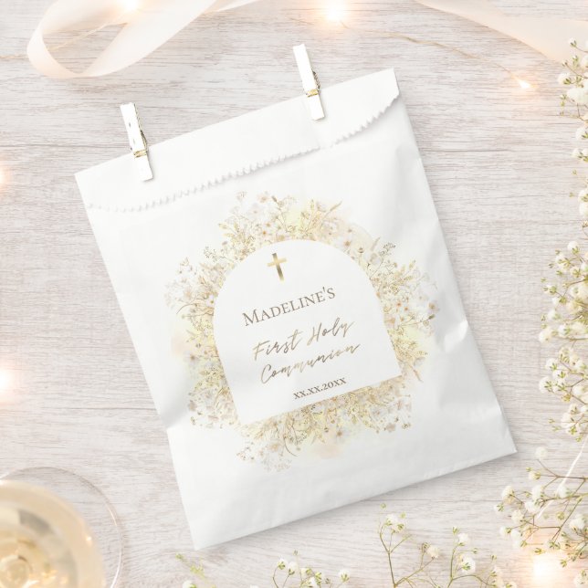 watercolor white yellow flowers First Communion Favour Bags (Clipped)