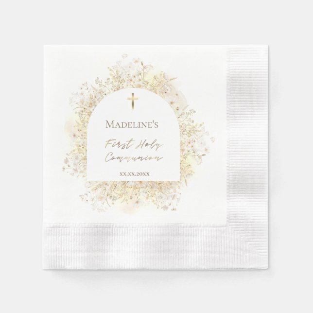 watercolor white yellow flowers First Communion Napkin (Front)