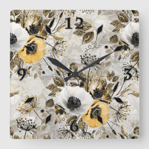 Watercolor white, yellow flowers square wall clock