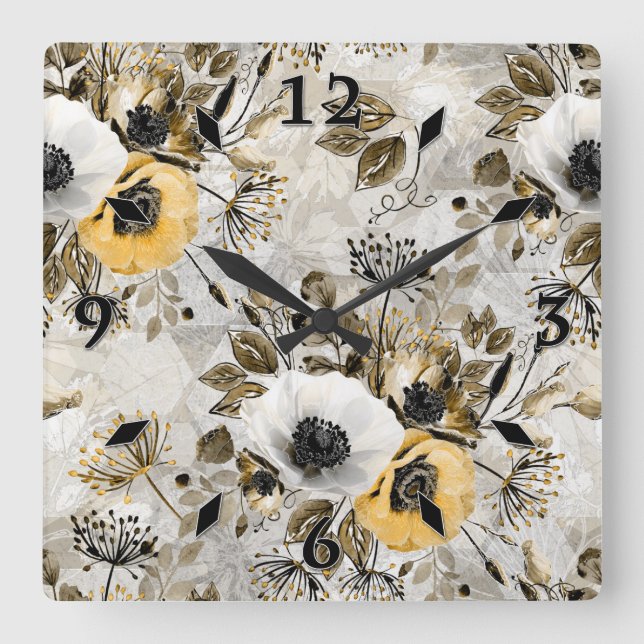 Watercolor white, yellow flowers square wall clock (Front)