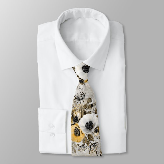 Watercolor white, yellow flowers  tie (Tied)