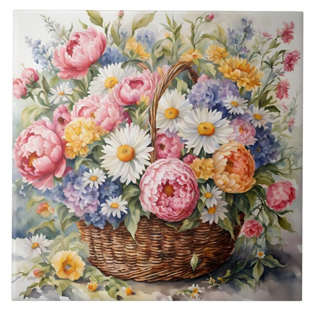 Watercolor Wicker Basket with Summer Flowers  Tile (Front)