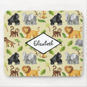 Watercolor Wild Animal Safari Jungle Pattern Mouse Pad
