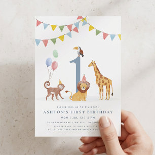 Watercolor Wild Animals First Birthday Invitation