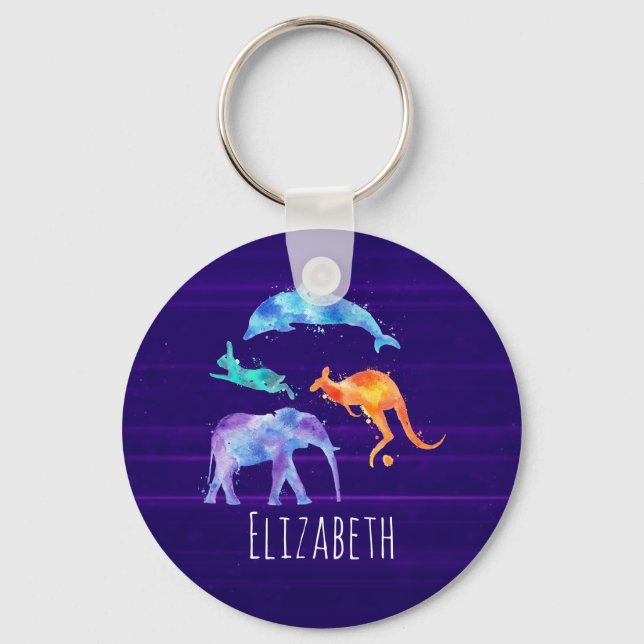 Watercolor Wild Animals On Purple Key Ring (Front)