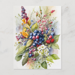 Watercolor Wild Berries and Flowers Nature Postcard