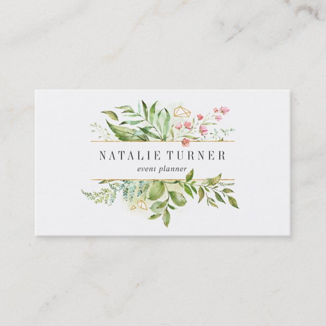 Watercolor Wild Floral Green Foliage Business Card (Front)