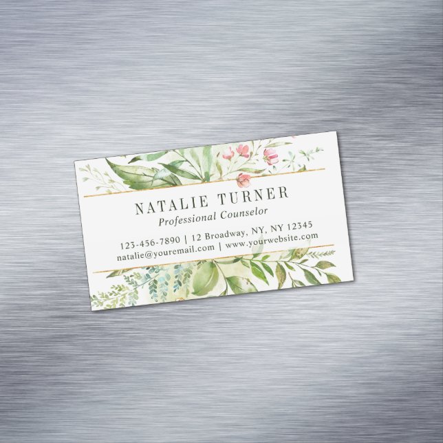 Watercolor Wild Floral Green Foliage Magnetic Business Card (In Situ)