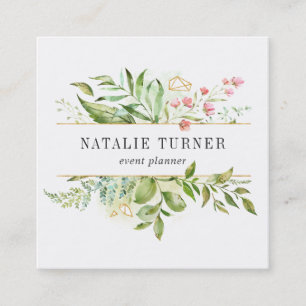 Watercolor Wild Floral Green Foliage Square Business Card