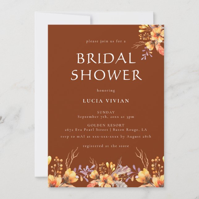 Watercolor Wild Floral Terracotta Bridal Shower Invitation (Front)