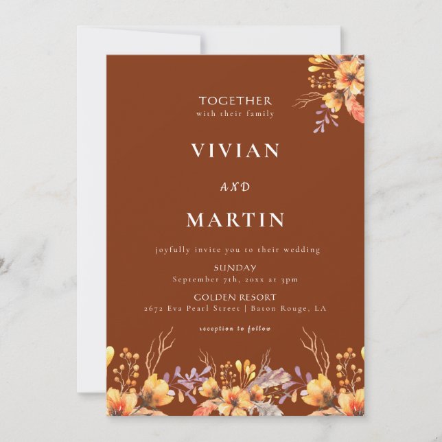 Watercolor Wild Floral Terracotta Wedding Invitation (Front)