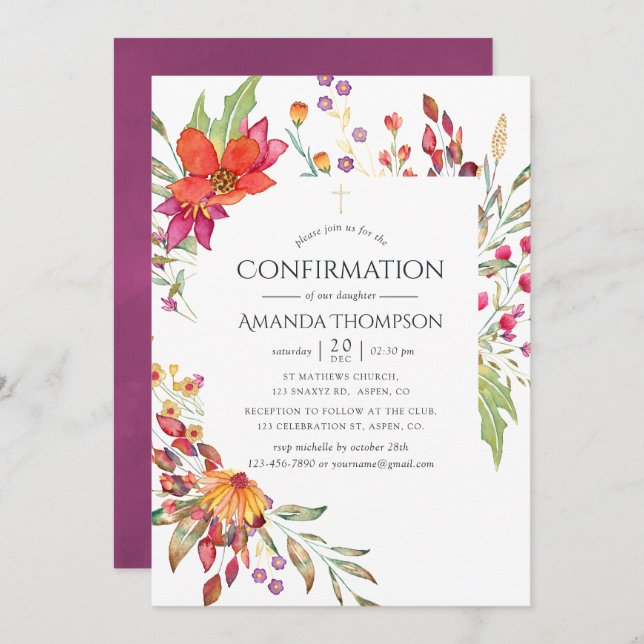 Watercolor Wild Flower Confirmation Invitation (Front/Back)