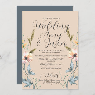 Watercolor Wild Flower Cream and Grey Wedding Invitation