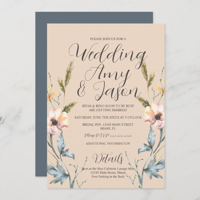 Watercolor Wild Flower Cream and Grey Wedding Invitation (Front/Back)